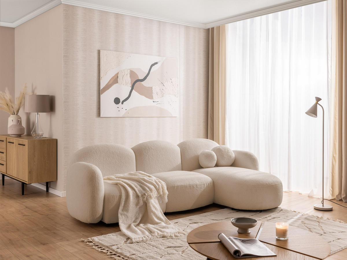 ECKSOFA Nuvola mit abgerundetem Design Hellbeige Bouclé-Stoff - Ottomane Rechts - Beige/Schwarz, Holz/Kunststoff (268/146cm) - S-Style Möbel