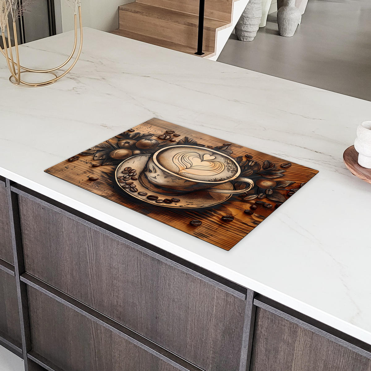 HERDABDECKPLATTE Kaffee - Vintage - Braun - Tasse - Holz Herdabdeckung Induktionsfeld 75x52 cm - Cappuccino, Kunststoff (75/52/0.2cm) - MuchoWow