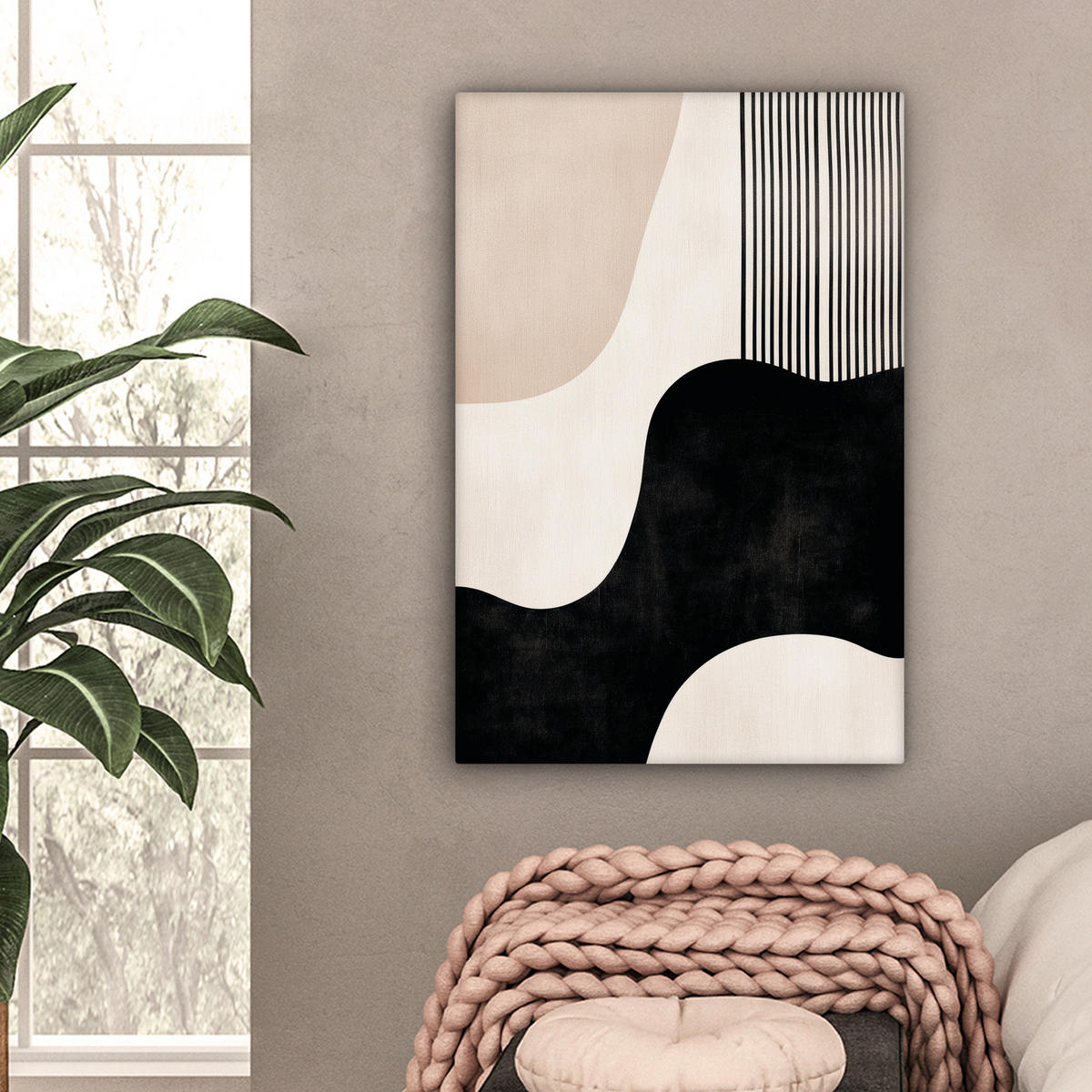 LEINWANDBILD Abstrakt - Japandi - Beige - Modern 40x60 cm - Schwarz, Textil (40/60cm) - MuchoWow