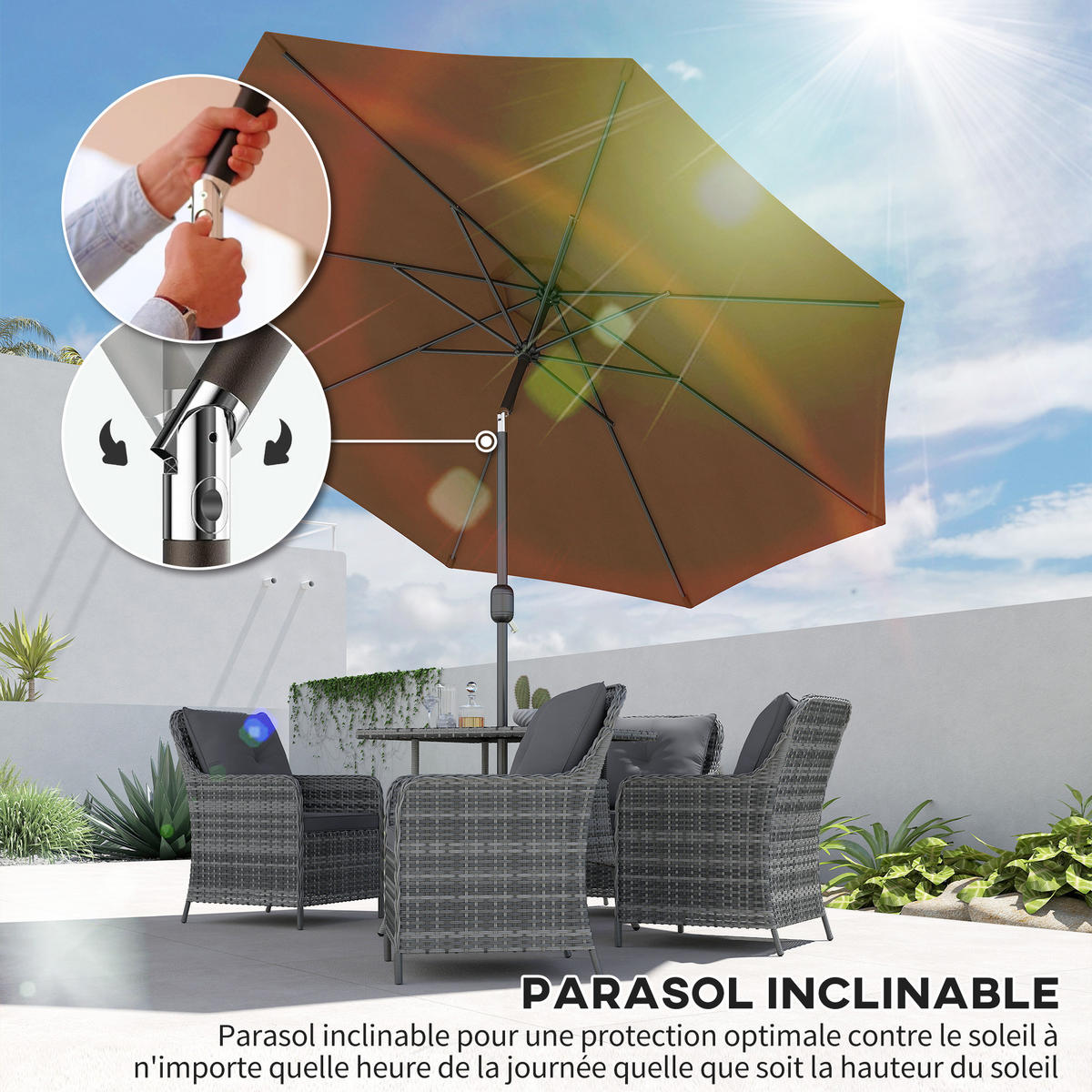 SONNENSCHIRM DE-11375 neigbar, mit Kurbel, Ø 3 m Schokoladenbraun - Braun, Metall (295/295cm) - ComfortXL