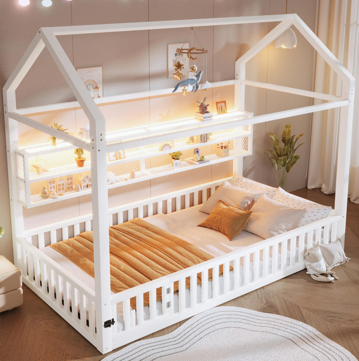 HAUSBETT 90/200 cm weiß aus Metall mit LED-Beleuchtung und Sicherheitszaun - Weiß, Metall (90/200cm) - OKWISH