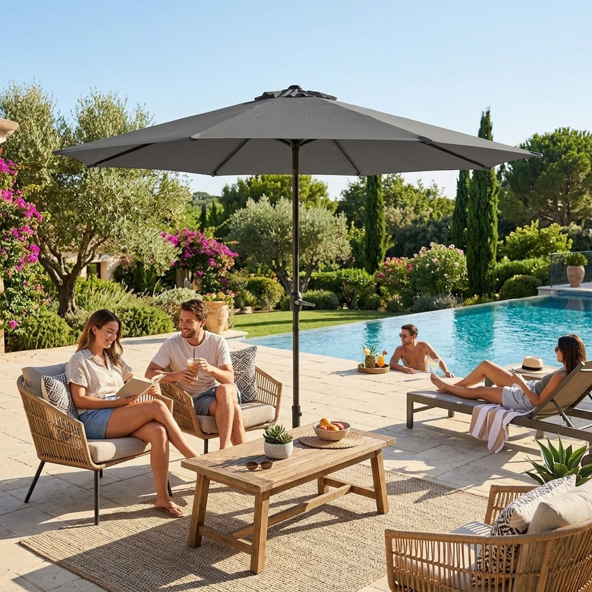 MARKTSCHIRM Macclesfield - grauer Gartenschirm für 300cm Sonnenschutz mit Kurbel und Knick - BxTxH: 300x300x240 cm - Grau, Metall (300/300cm) - TPFGarden