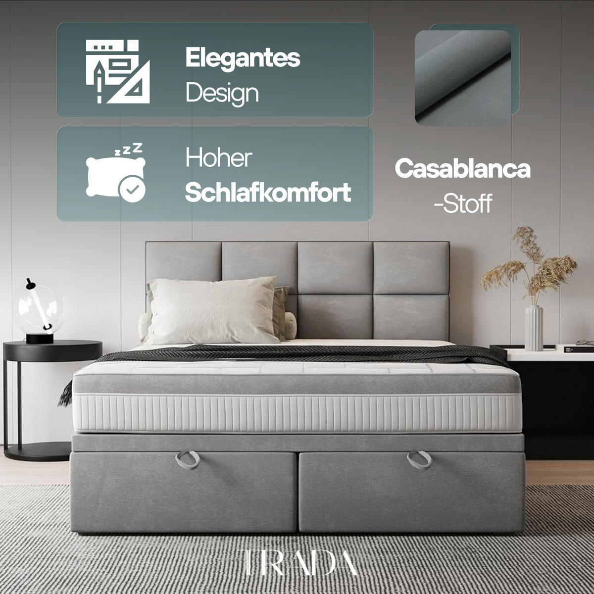 BOXBETT 140 x 200 cm mit Taschenmatratze TROPEA, Bettkasten und Gasöffnungsmechanismus und gepolsterte Kopfstütze, Grau - Grau, Holz/Kunststoff (140/200cm) - Trada