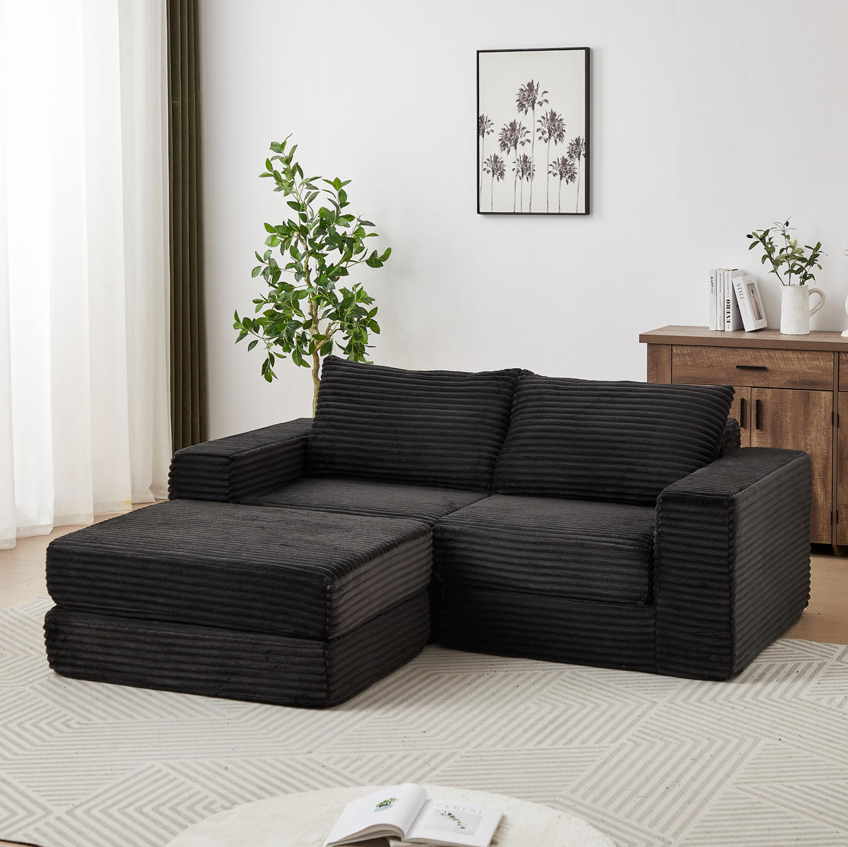 SOFA-BETT modular Cord Black mit beweglicher Fußstütze - Schwarz, Kunststoff (169.5/194cm) - Meubliv