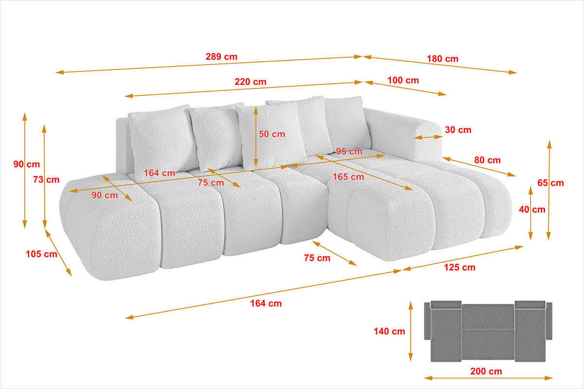 ECKSOFA Ottomane Rechts CLOUD-L-v1 289x180x40 Weiß Bouclé - Weiß, Holzwerkstoff/Kunststoff (289/180cm) - ALTDECOR