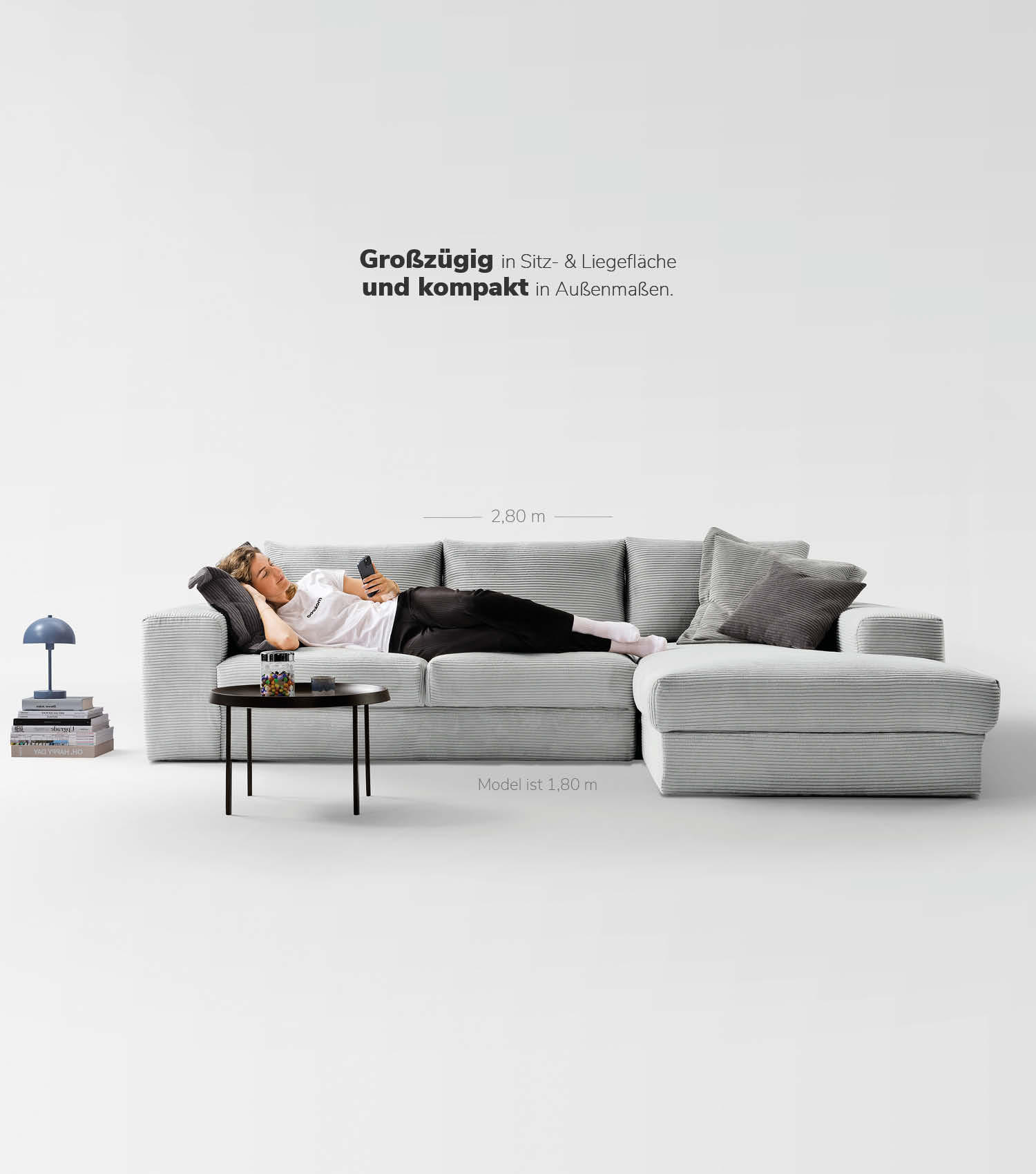 ECKSOFA Der Klassiker Recamiere rechts - Grau, Textil (280/190cm) - Mokebo