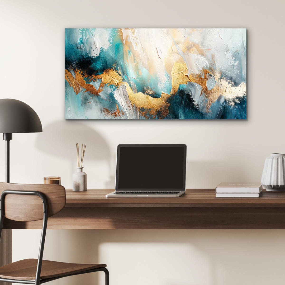 KOVOVÝ OBRAZ Abstraktné - umenie - zlaté - modré 80x40 cm - petrolejová, kov (80/40cm) - MuchoWow