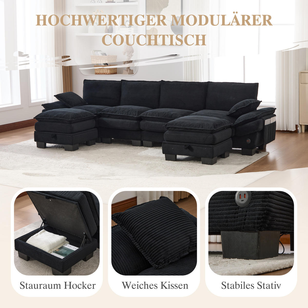 WOHNLANDSCHAFT Cord Schwarz mit USB-C und mit 2 Hocker - Schwarz, Holzwerkstoff/Kunststoff (330/84/132cm) - WISHDOR
