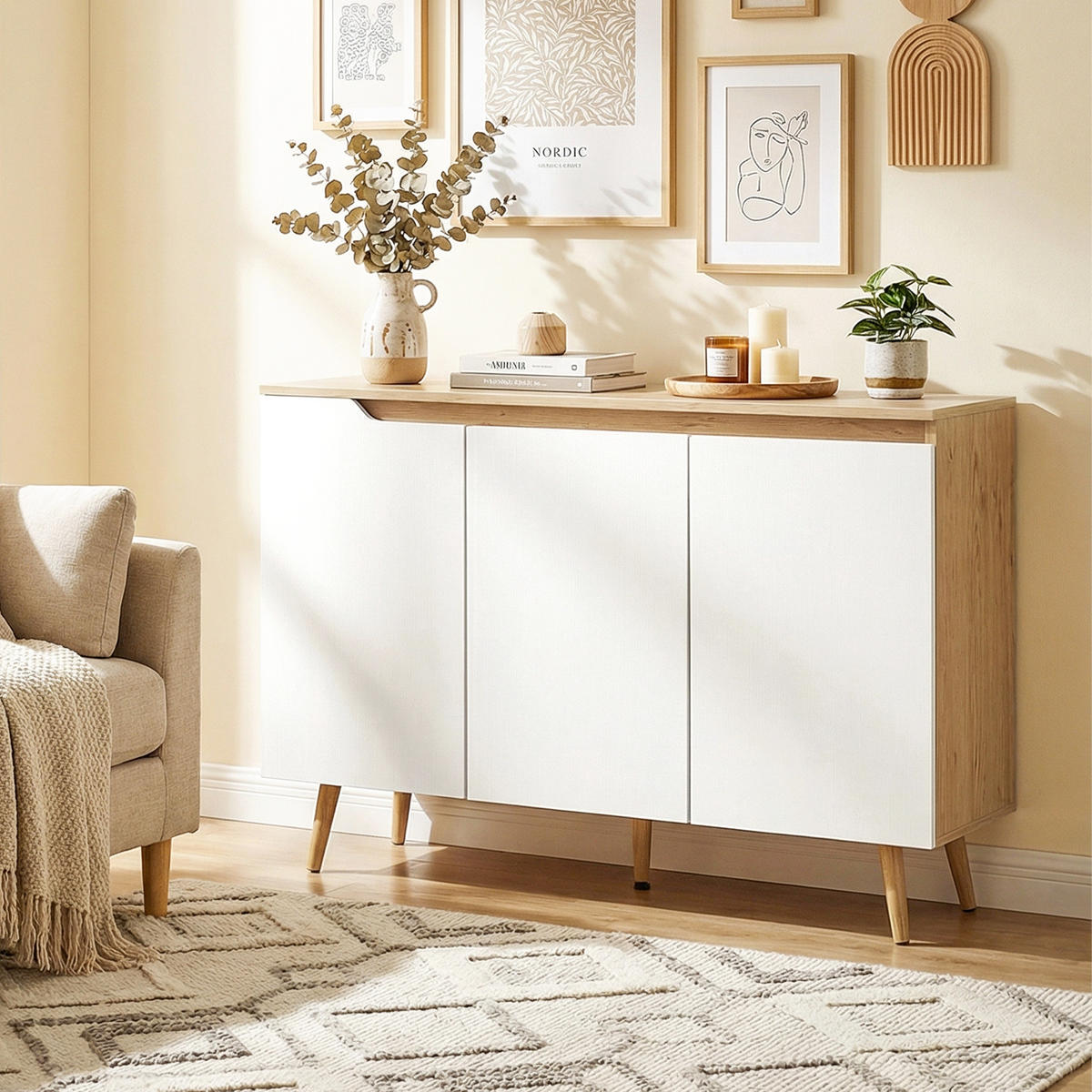 SIDEBOARD DE-11301 3 Türen, verstellbare Böden Weiß/Eiche - Eichefarben, Holzwerkstoff (107/76.5/35cm) - ComfortXL