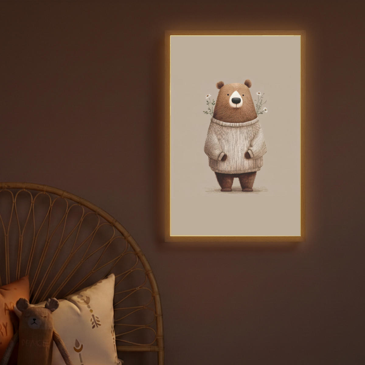 NACHTTISCHLAMPE MIT AKKU Bär - Weiße Blumen - Gemütlich 40x60 cm - Taupe, Holzwerkstoff (8/40/60cm) - OnlyWow