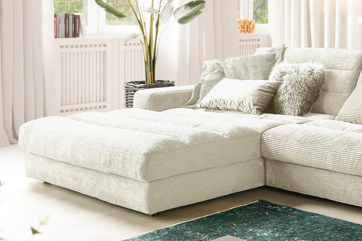 ECKSOFA XL LANA Cremeweiß Cord - Creme/Schwarz, Textil (416/205cm) - KAWOLA