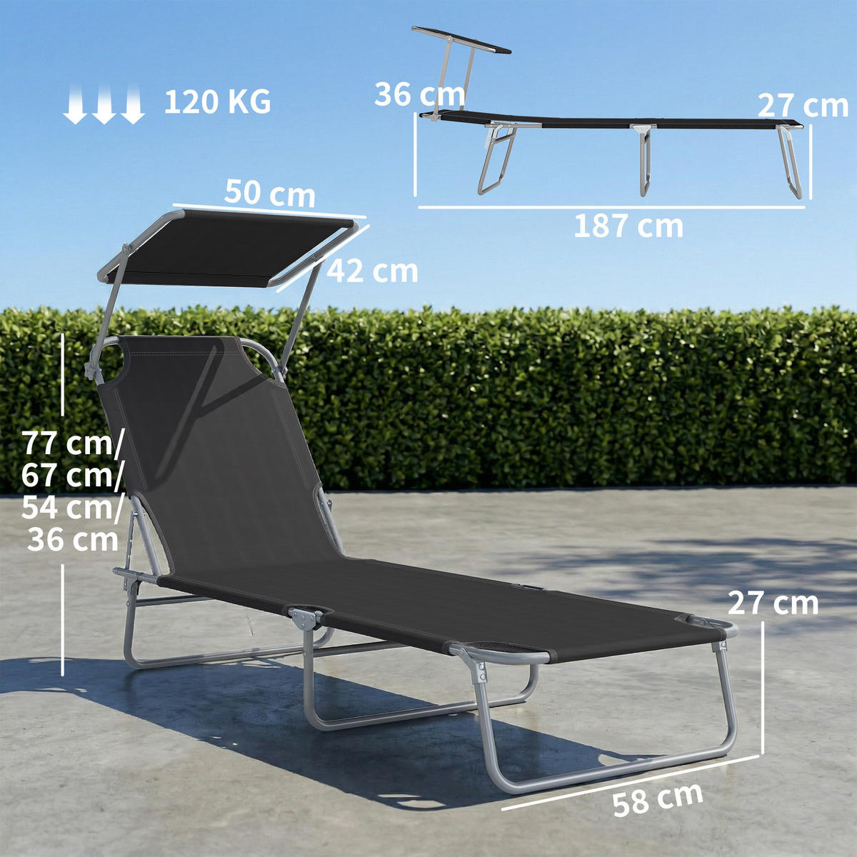 SONNENLIEGE Klappbare mit mehrfach verstellbarer Rückenlehne und verstellbarem Sonnenschutz,187x58x36 cm ,Schwarz - Schwarz, Metall (58/36/187cm) - Vallsero