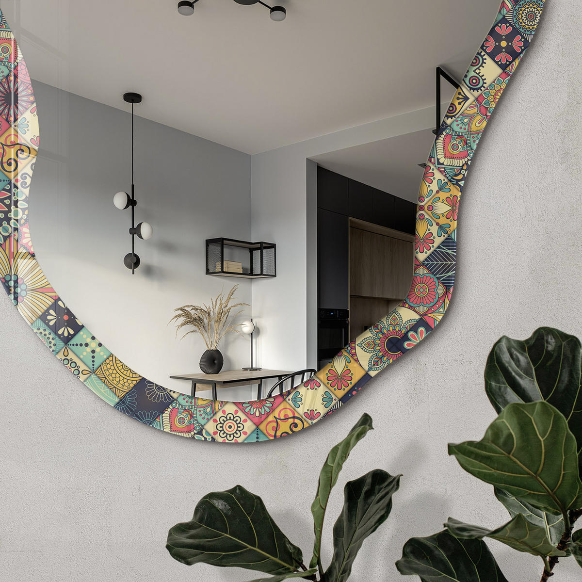 SPIEGEL 90x45 cm asymmetrisch mit Druck - Bunte Patchwork-Arbeit - Transparent, Glas (45/90/0.4cm) - TULUP