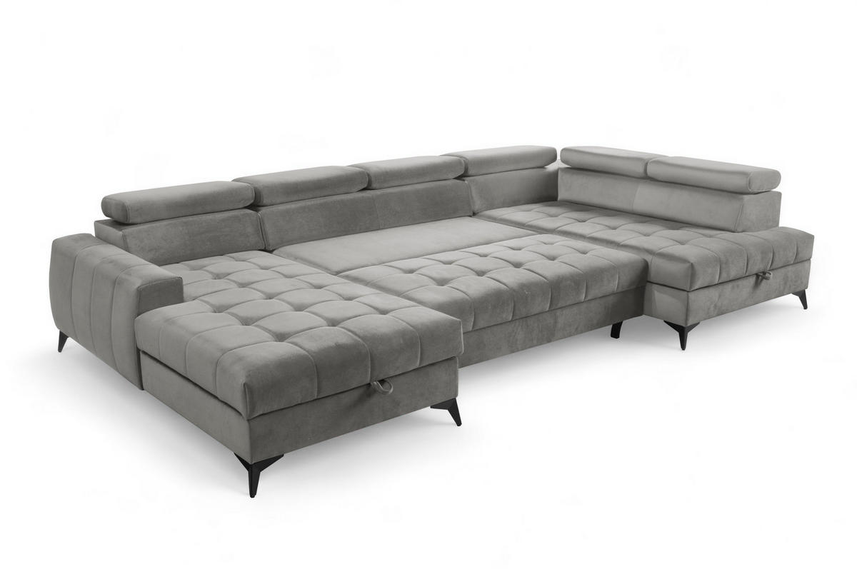 WOHNLANDSCHAFT Arkucio U Grau 345/200/95 cm – großes Sofa mit Schlaffunktion L - Schwarz/Grau, Textil/Metall (200/95/345cm) - AX Living