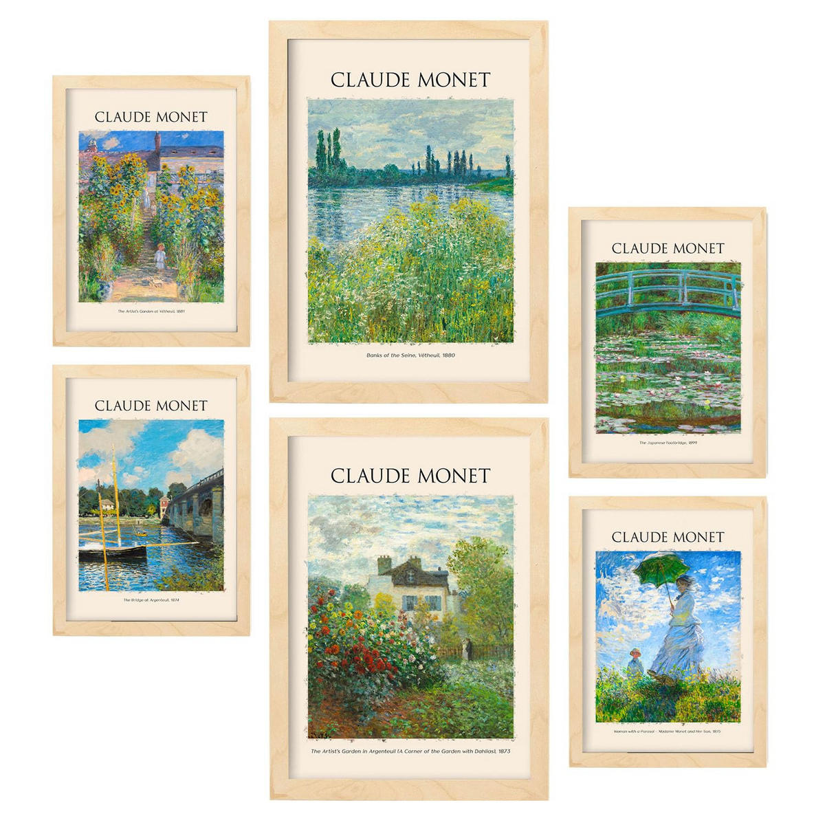 POSTER Set Mit 6 Monet 2 Malergalerie A3 & A4 Rahmen Aus Hellem Holz - Beige, Papier (29/3cm) - Nacnic