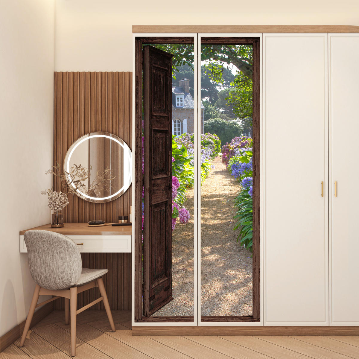 TÜRAUFKLEBER Selbstklebend - Fensterblick - Hortensie - Tür - Blumen - Natur 95x235 cm - Türtapete - Beige, Kunststoff (95/0.1cm) - MuchoWow