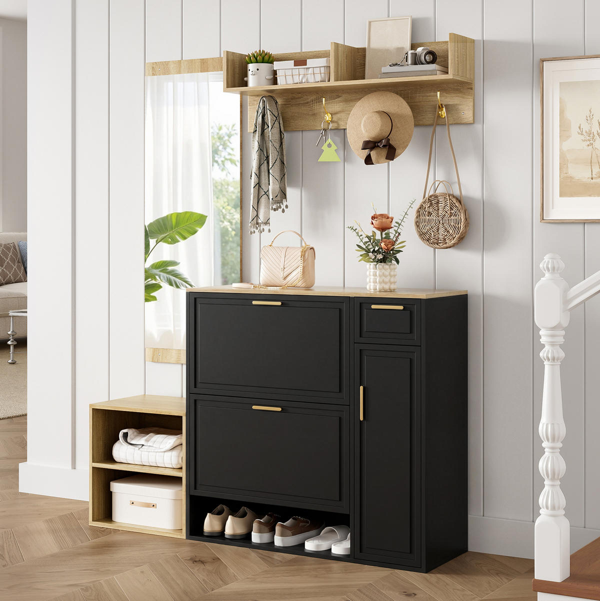GARDEROBENSET 139,5/35/166 cm Natur/Schwarz aus Spanplatte 4-teilig - Naturfarben, Holzwerkstoff (130/174/30cm) - OKWISH