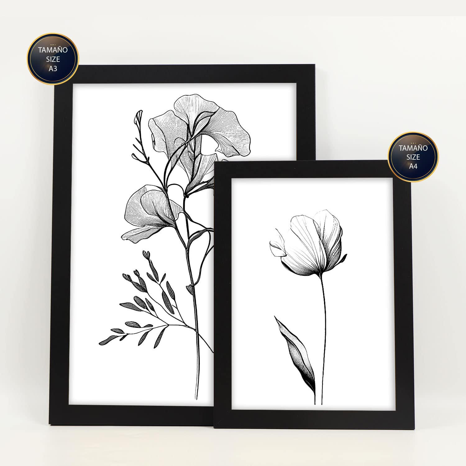 POSTER Set Mit 6 Üppige Blumen Natur Und Botanikdrucke Mit Blumenmotiven In Klassischem Schwarz Und Weiß Innenarchitektur A3 & A4 Schwarzer Rahmen - Schwarz, Papier (29/3cm) - Nacnic