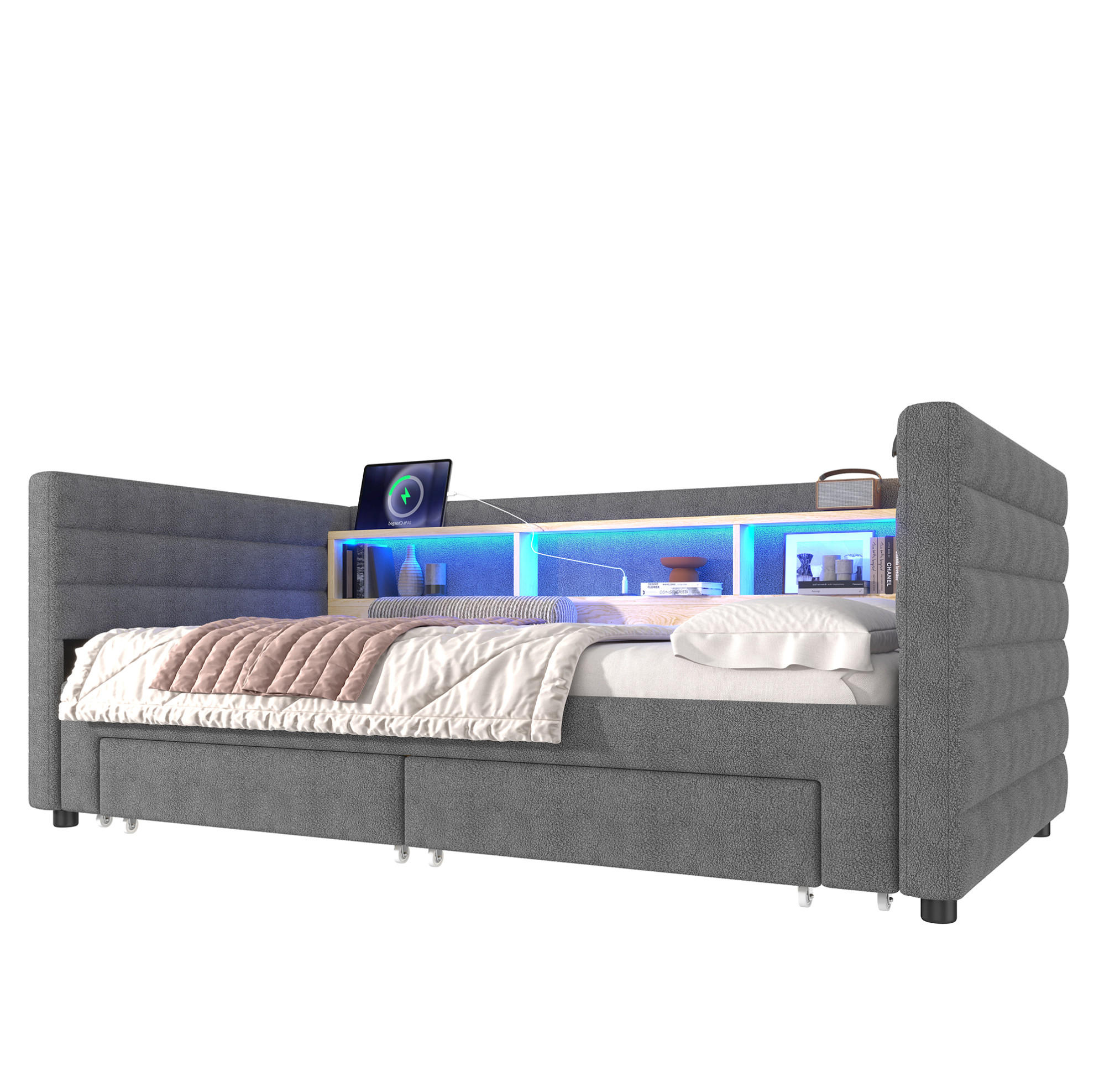 POLSTERBETT 90/190 cm Grau aus Samt mit Ausziehfunktion - Grau, Textil (90/190cm) - OKMYHOME