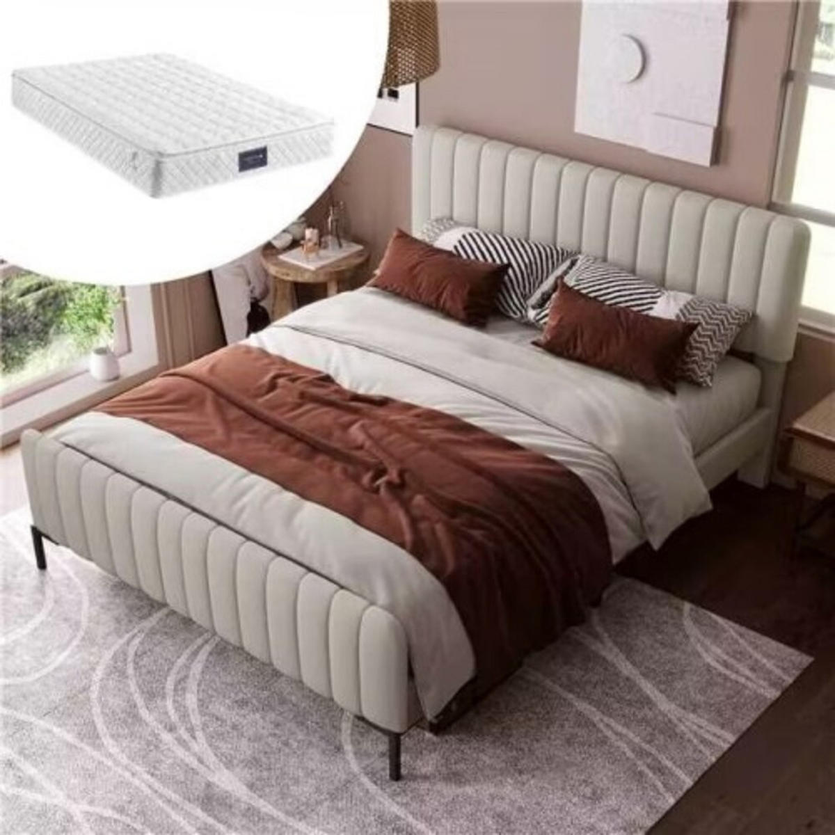 POLSTERBETT 140×200 cm aus Leinen-Stoff mit verstellbarem Kopfteil und Matratze , beige - Beige, Textil (140/200cm) - Luhomfu