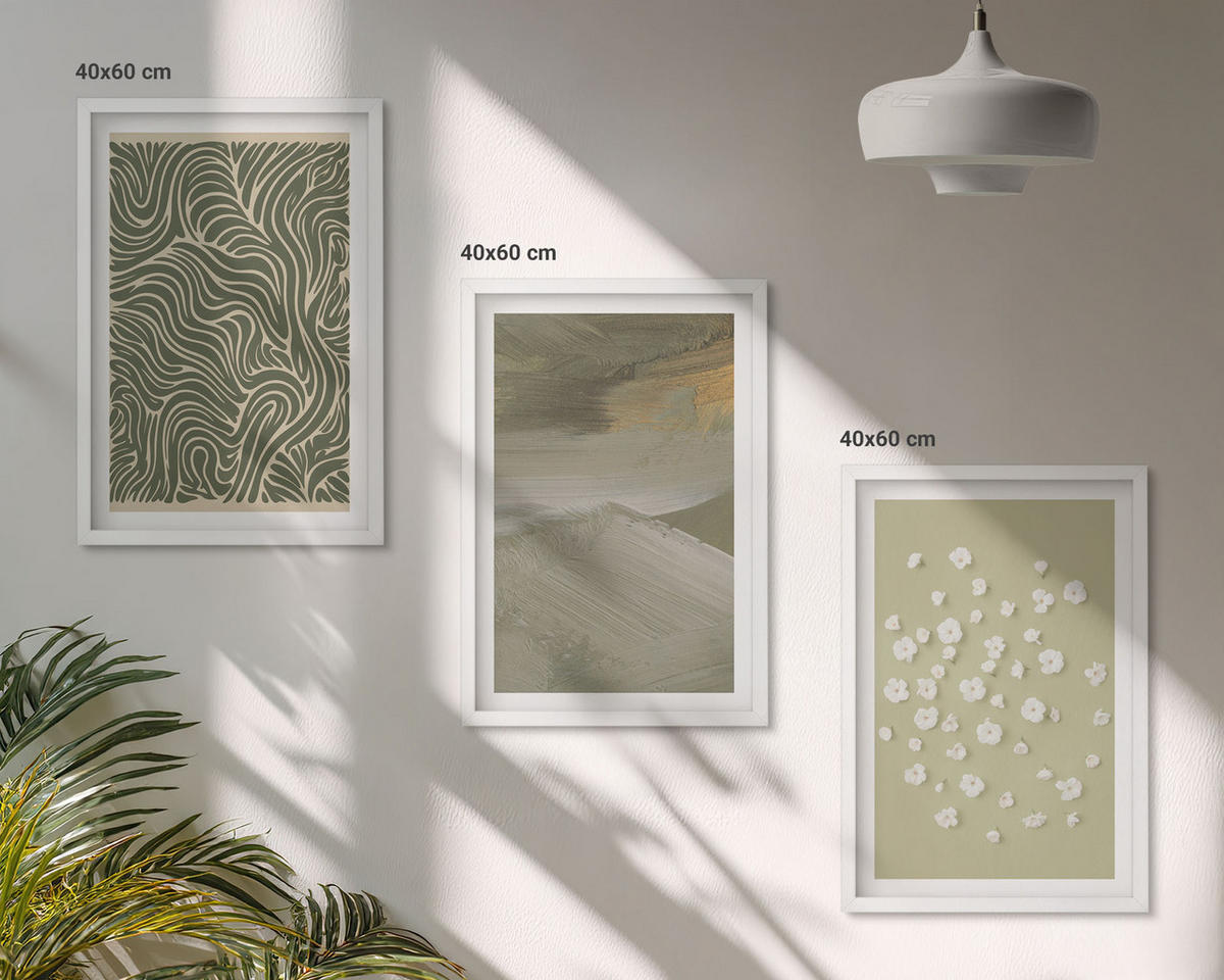 BILDER SET 3er Set - 40x60 cm Weißer Rahmen - Abstrakte florale Wellenmuster - Weiß, Kunststoff (40/60cm) - TULUP