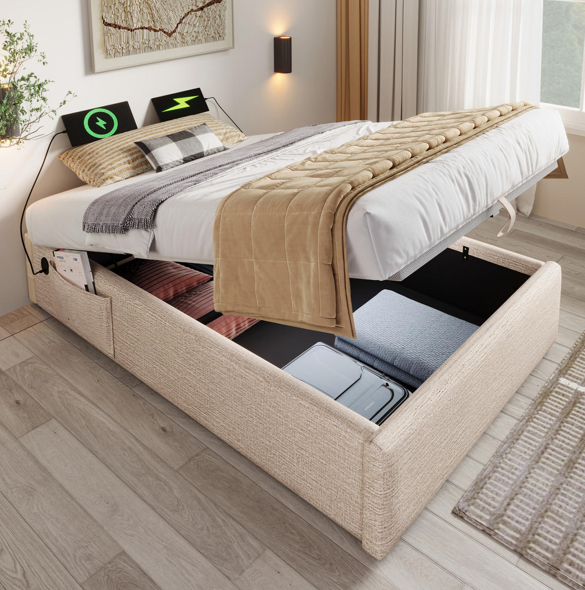 BETT mit Stauraum 90x190 cm Leinen Natur USB/Type-C - Beige, Metall (90/190cm) - Meubliv