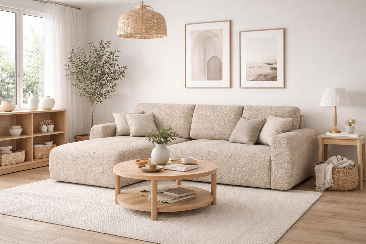 ECKSOFA Mit Schlaffunktion Und Bettkasten L-Form Ivo L, Chenille-Stoff Artico, Beige, Links - Sandfarben, Holz (250/142cm) - Kaiser Möbel