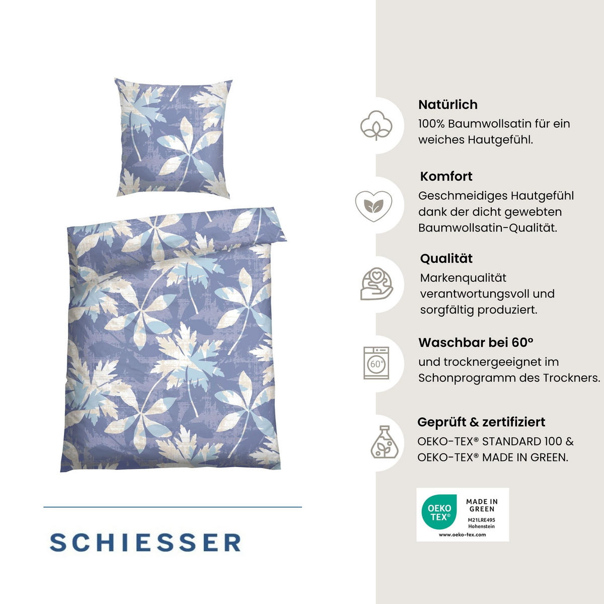 BETTWÄSCHESET Vera - Baumwollsatin - 2-teilig - 135 x 200 cm - Blau - Blau, Textil (135/200cm) - SCHIESSER