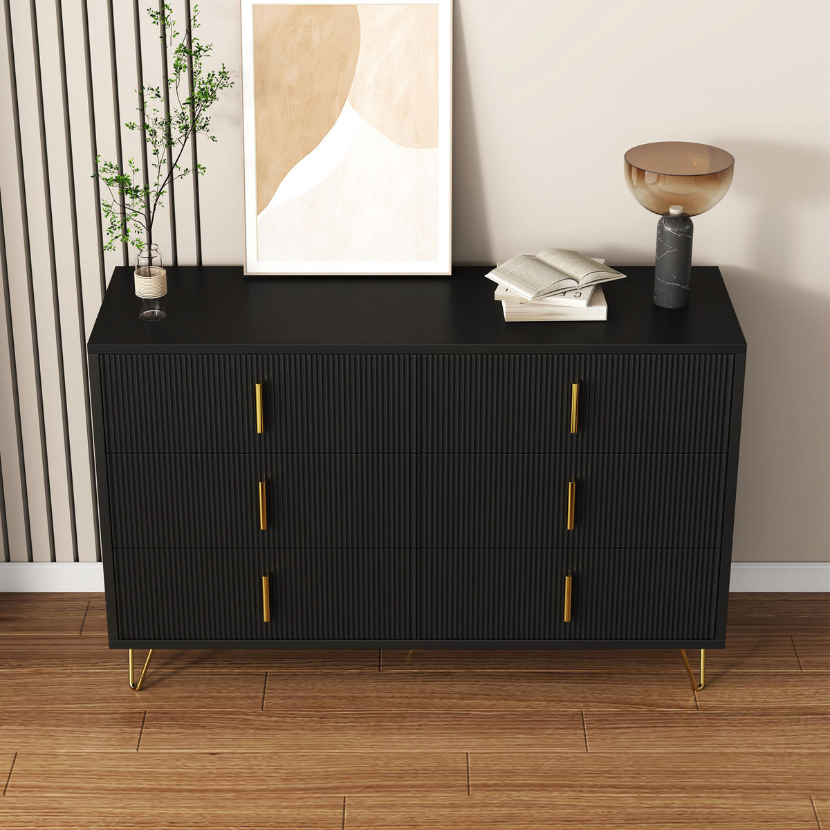 KOMMODE 120/40/77 cm mit 6 Schubladen und goldfarbenen Griffen - Schwarz, Holzwerkstoff (120/77/40cm) - BEAOK