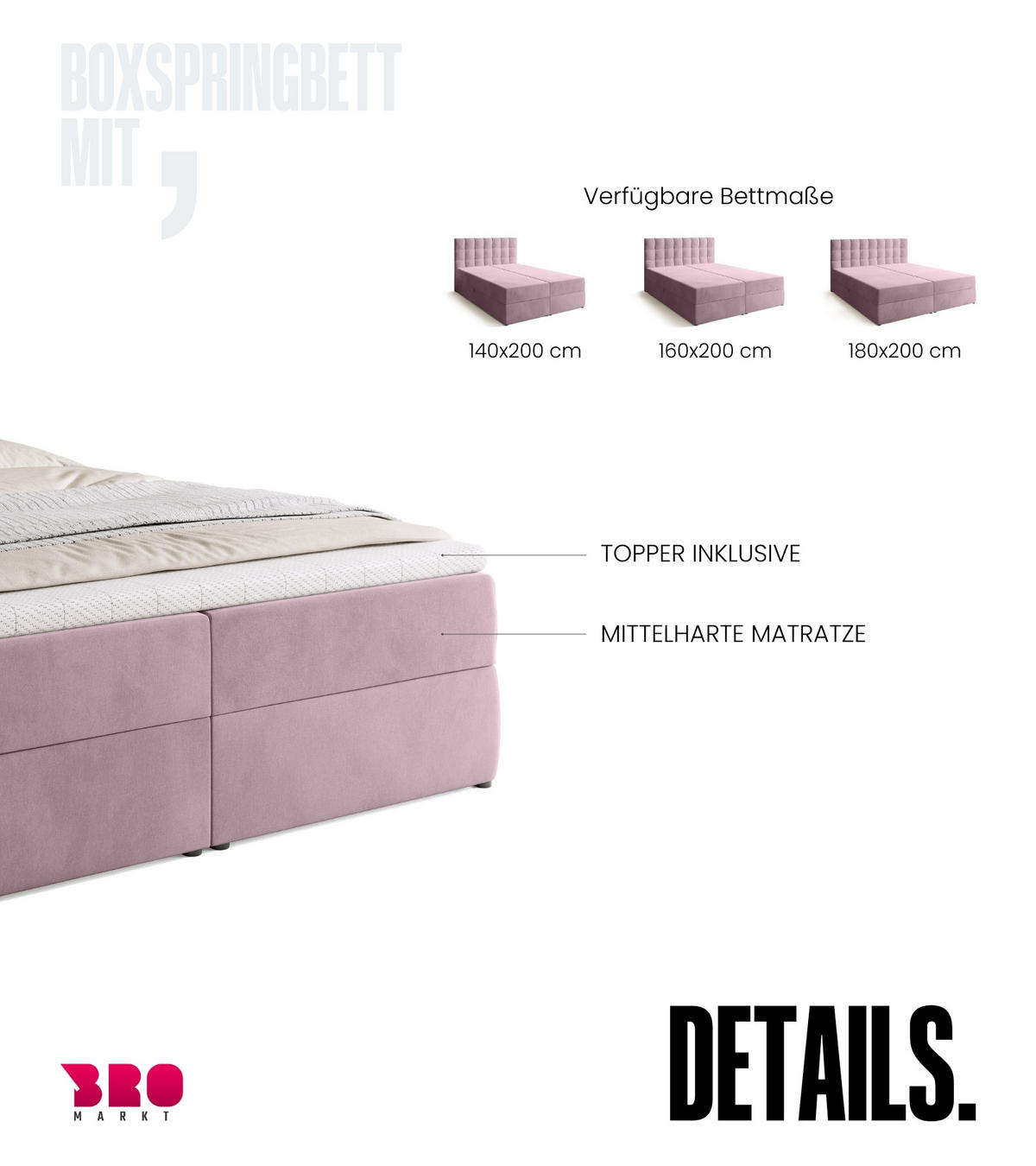 BOXBETT Detroit mit Topper 160/200 Rosa - Rosa, Holzwerkstoff/Textil (160/200cm) - Bromarkt