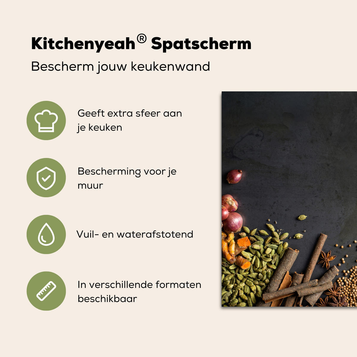 SPRITZSCHUTZ KÜCHE Kräuter - Lebensmittel - Gewürze - Schwarz - Paprika - Zimt 60x40 cm - Currygelb, Metall (60/0.3/40cm) - MuchoWow