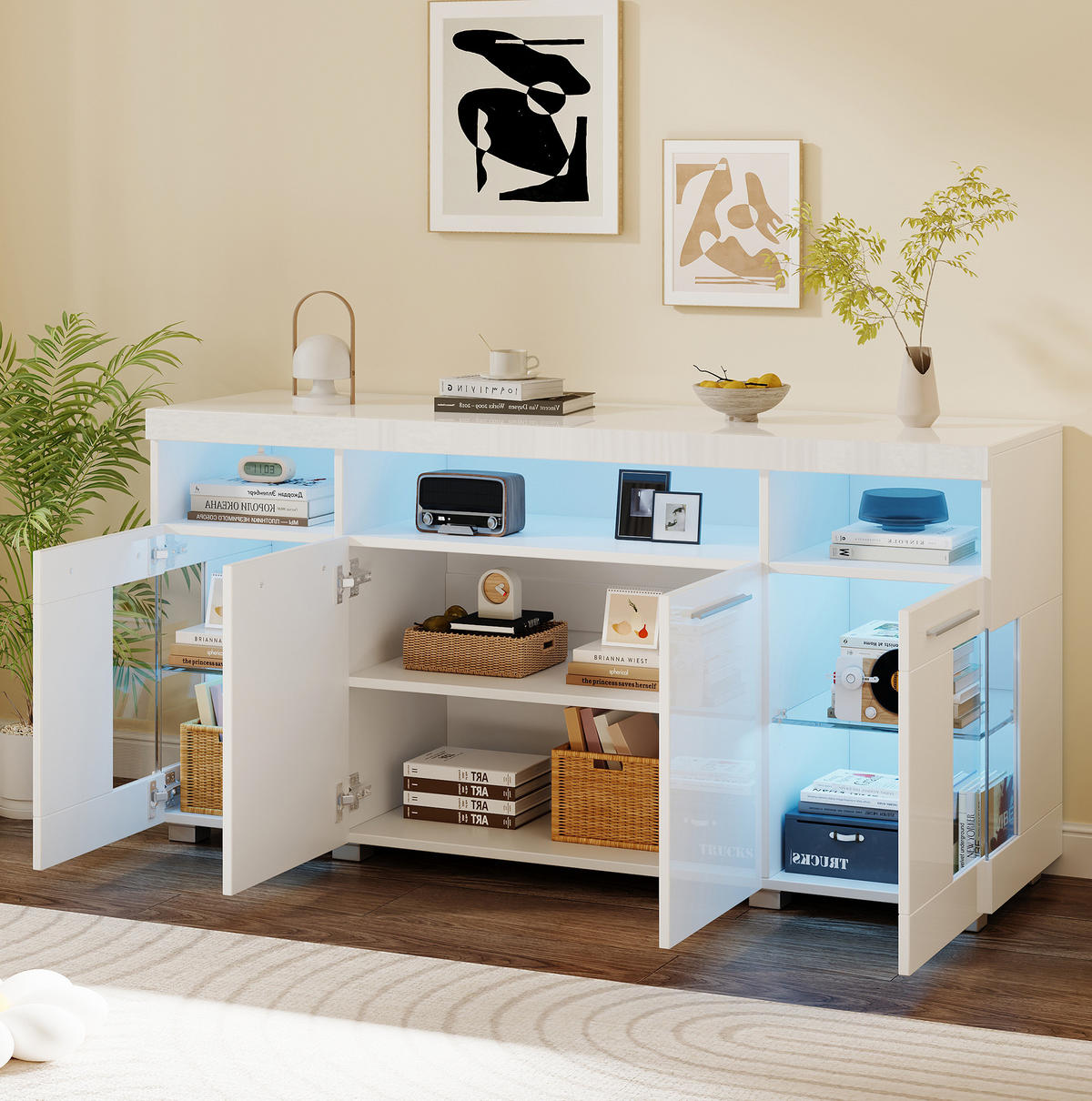 SIDEBOARD 140/40/70 cm mit LED-Beleuchtung, Hochglanzfront und Türen aus gehärtetem Glas, Weiß - Weiß, Holzwerkstoff (140/70/40cm) - Redom