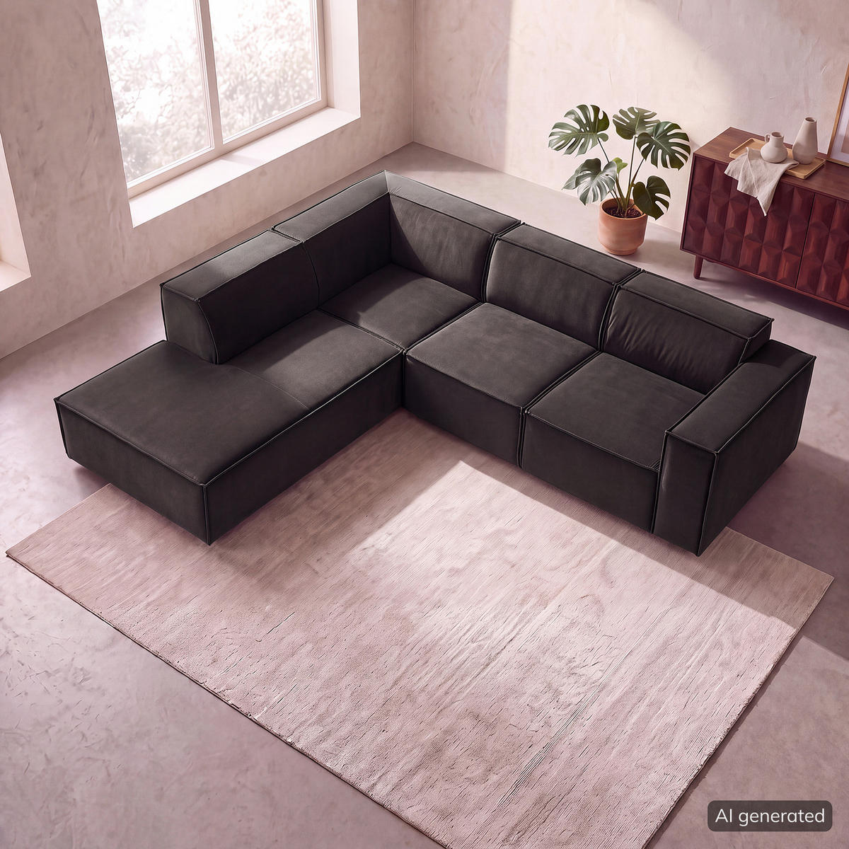 ECKSOFA mit Ottomane - Schwarz/Grau, Kunststoff/Textil (260/234cm) - home24