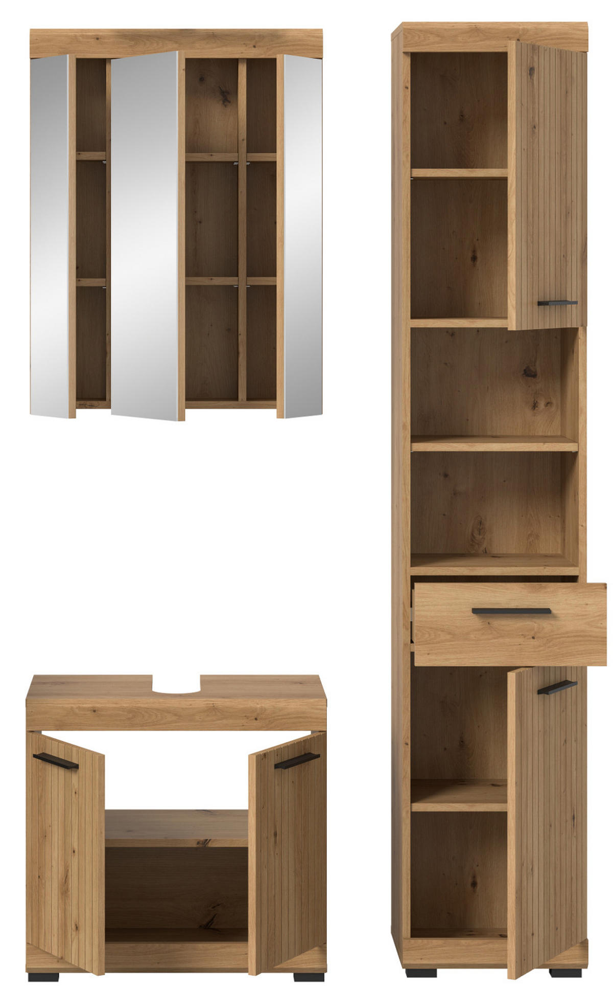 BADMÖBEL-SET 3-teilig Eiche Artisan 112 x 191 cm, Badkombination modernes Design - Schwarz/Eiche Artisan, Glas/Holzwerkstoff (112/191/34cm) - Inn.Furn