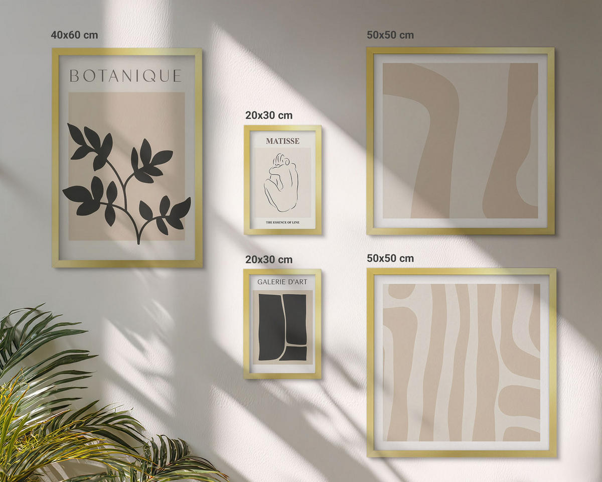WANDBILDER 5er Set - 50x50 cm & 20x30 cm & 40x60 cm Goldrahmen - Abstrakte Pflanzenmotive - Goldfarben, Kunststoff (40/60cm) - ArtPrintCave
