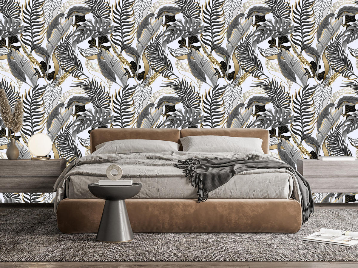 VLIESTAPETE Tropische Blätter – Schwarz, Goldfarben, Weiß – 50x1000 cm - Goldfarben/Schwarz, Papier (50/1000cm) - Muralo