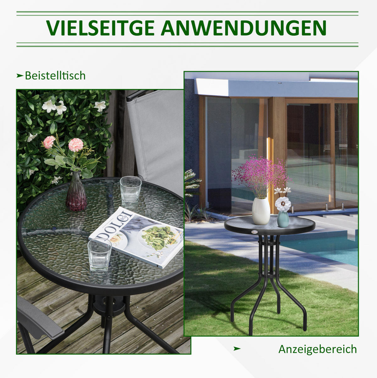 GARTENTISCH aus Metall Ø60 x 70 cm Schwarz mit Sicherheitsglas - Schwarz, Metall (60/60/70cm) - Modfu