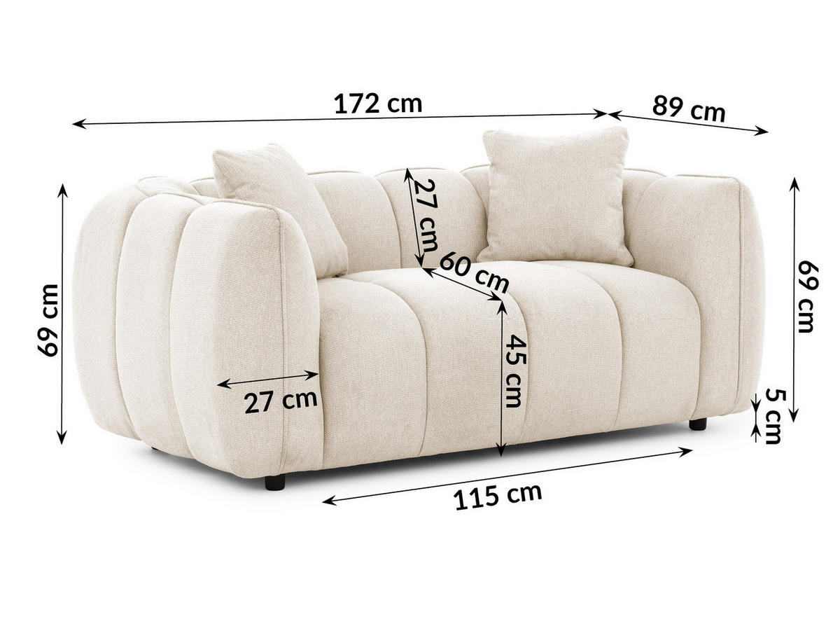 2-SITZER SOFA Nubira in tief gesteppter Bubble-Optik aus weichem Hellbeige Strukturstoff im modernen Design - Beige/Schwarz, Holz/Kunststoff (172/69/89cm) - S-Style Möbel
