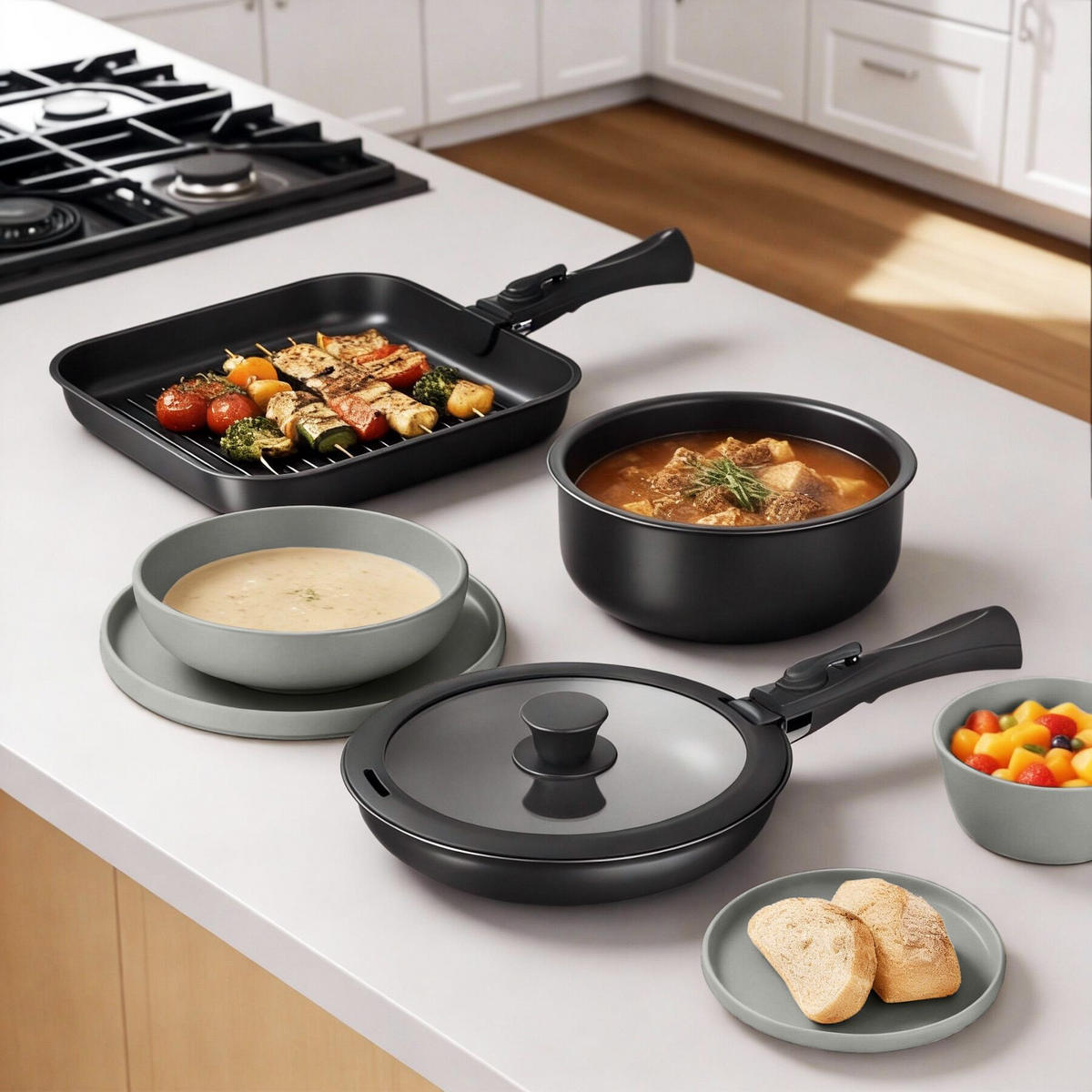 KÜCHENSTARTERSET 41er Set Una/Parma, inklusive Topfschonern und anklemmbaren Griffen, grau/schwarz - Schwarz/Grau, Keramik (30/8.5/46.5cm) - tectake