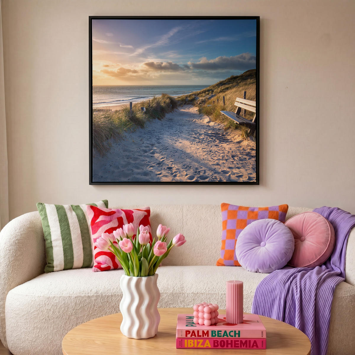 LEINWAND Bilder mit Rahmen - Sonnenuntergang - Strand - Düne - Gras - Ufer - 90x90 - Sandfarben, Textil (90/90cm) - MuchoWow