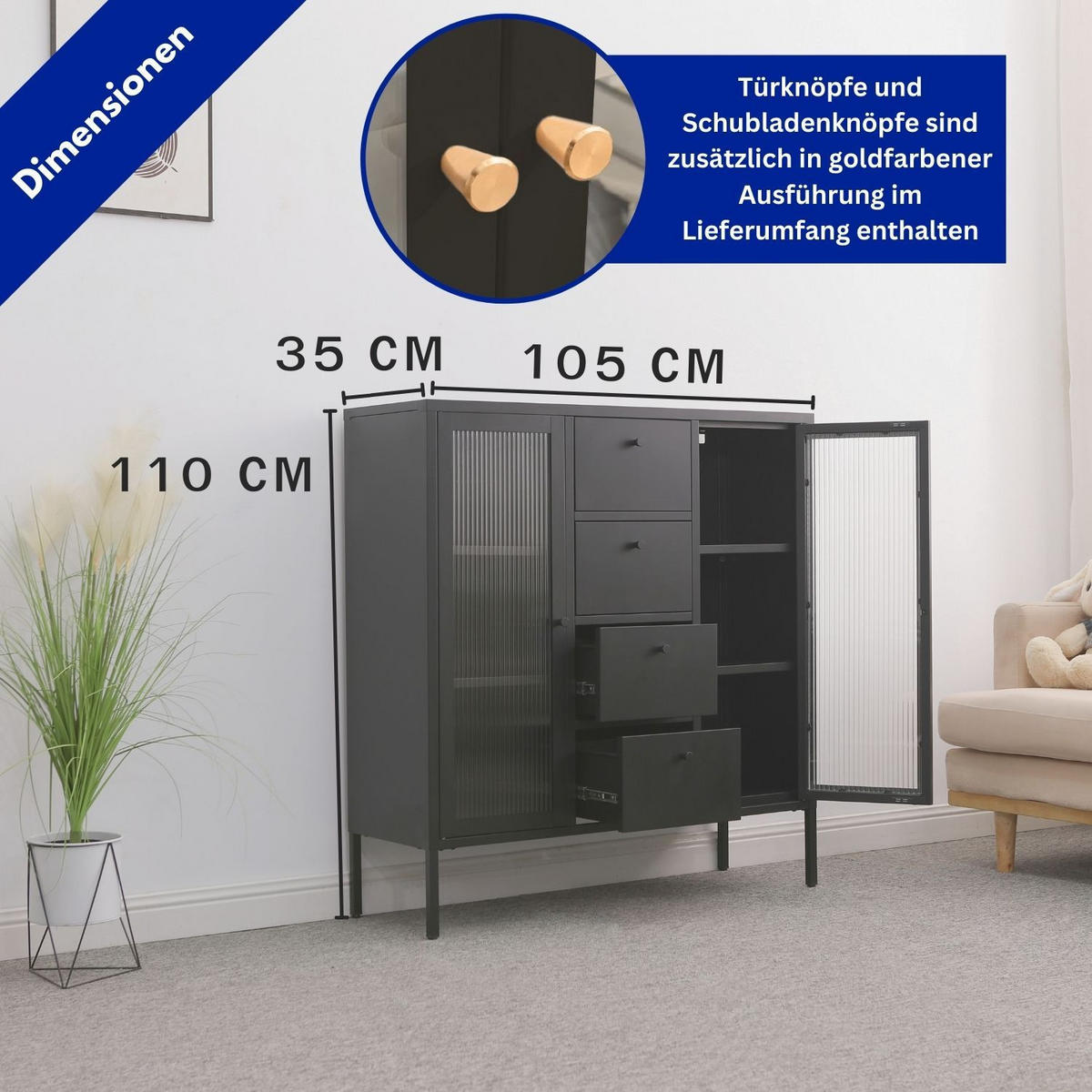 HIGHBOARD PARIS Metall Schwarz mit 4 Schubladen - Schwarz, Metall (35/110/105cm) - Mein-Regal