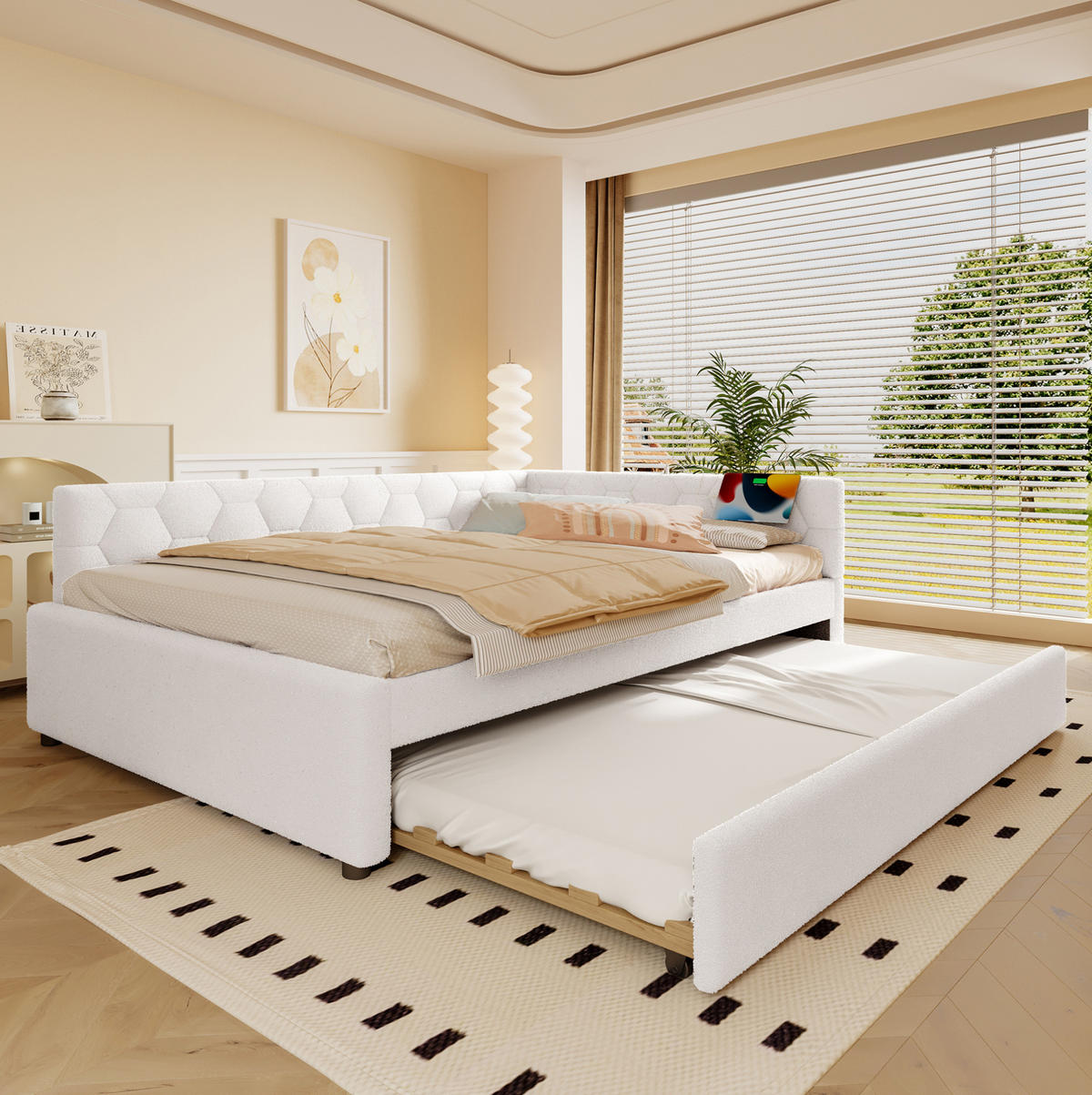 POLSTERBETT 140/200 cm Weiß aus Vliesimitat und MDF mit Ausziehbett - Weiß, Textil (140/200cm) - OKMYHOME