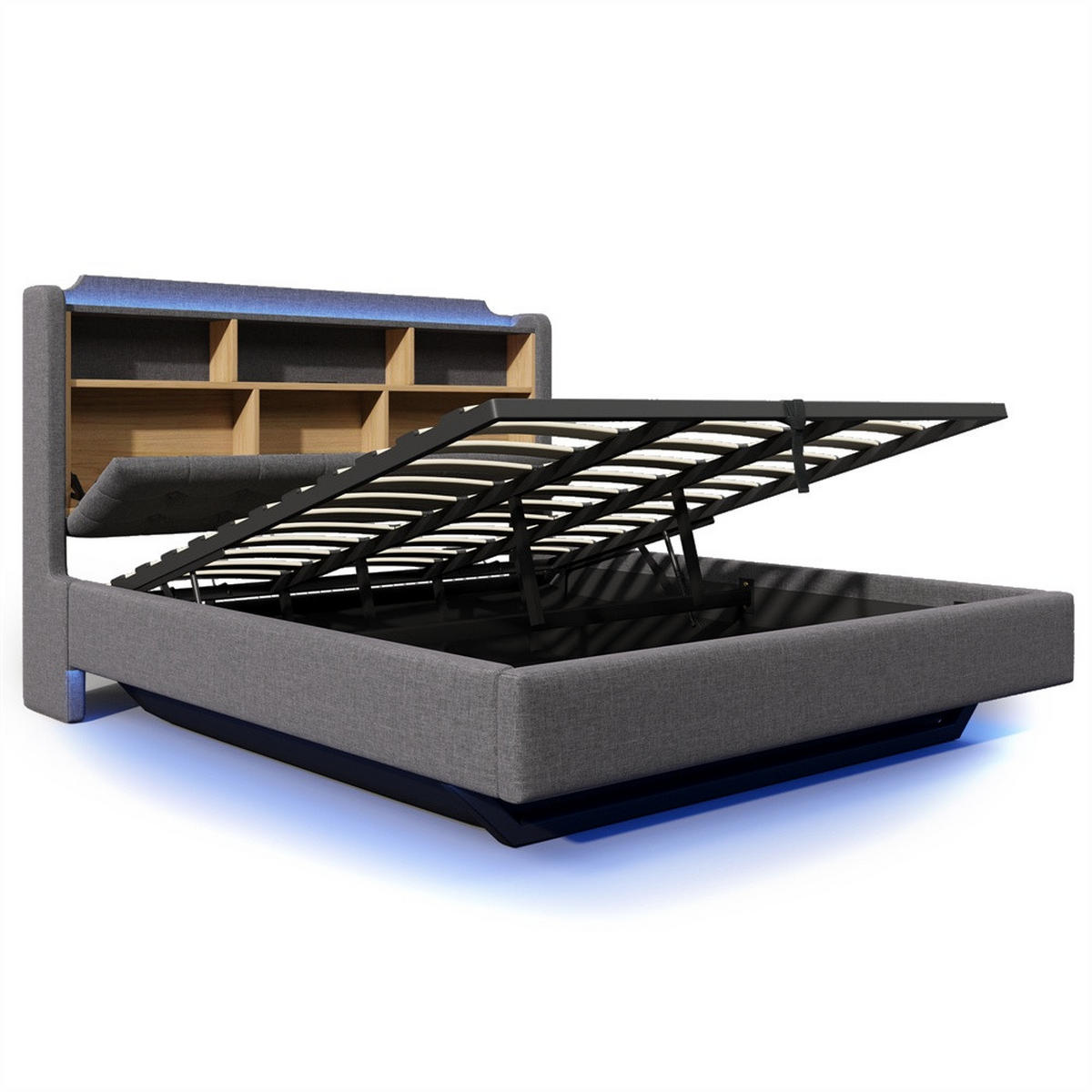 POLSTERBETT 180x200 cm mit LED-Beleuchtung und hydraulischem Stauraum - USB/Typ-C & Klappfach - Grau - Grau, Textil (180/200cm) - DELFA