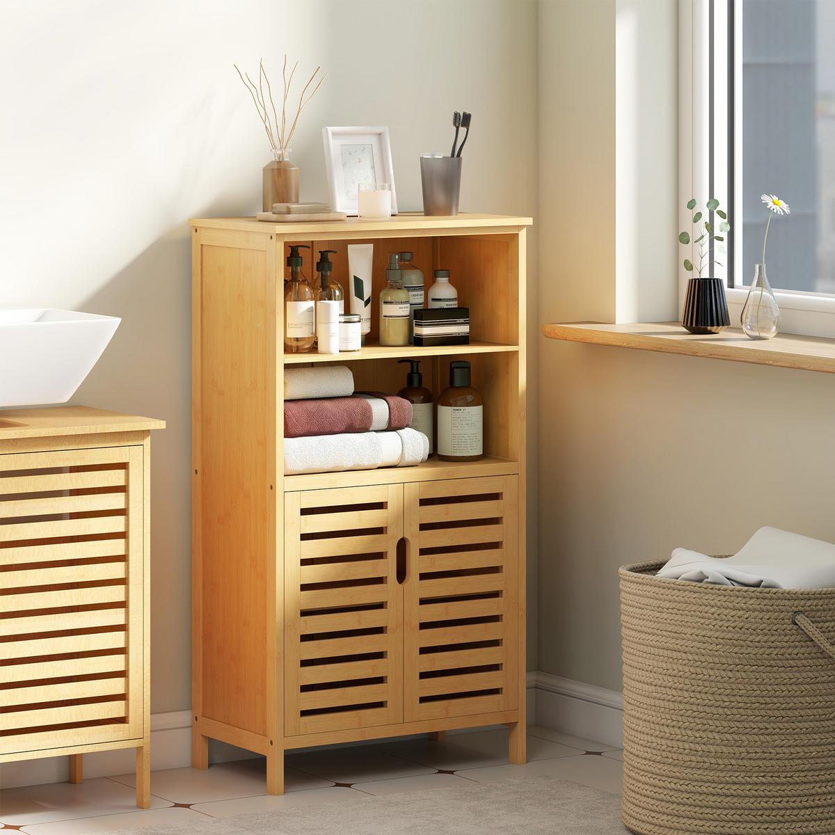 BADEZIMMERSCHRANK, Unterschrank aus Bambus, Badschrank mit Türen, Naturholz - Naturfarben, Holz (29/92/50cm) - Kleankin