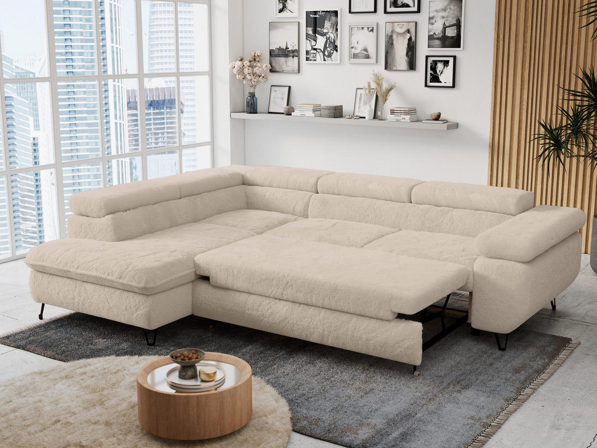 ECKSOFA PETER L Dunkelgrau Plüsch - Links Seite - Ecru/Schwarz, Textil/Metall (208/273cm) - MKS