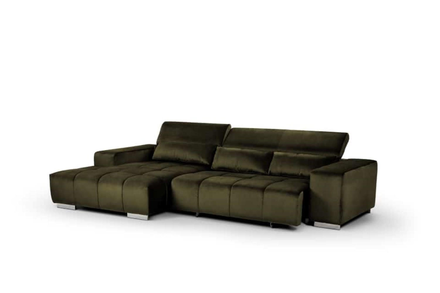 ECKSOFA mit elektrischem Sitzvorschub und verstellbaren Kopflehnen - Chromfarben/Dunkelgrün, Textil (307/186cm) - Cotta