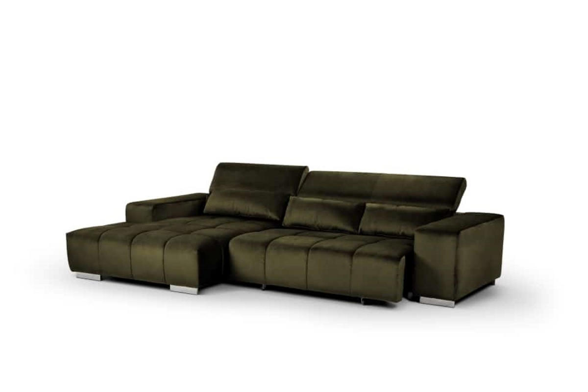 ECKSOFA mit elektrischem Sitzvorschub und verstellbaren Kopflehnen - Chromfarben/Dunkelgrün, Textil (307/186cm) - Cotta