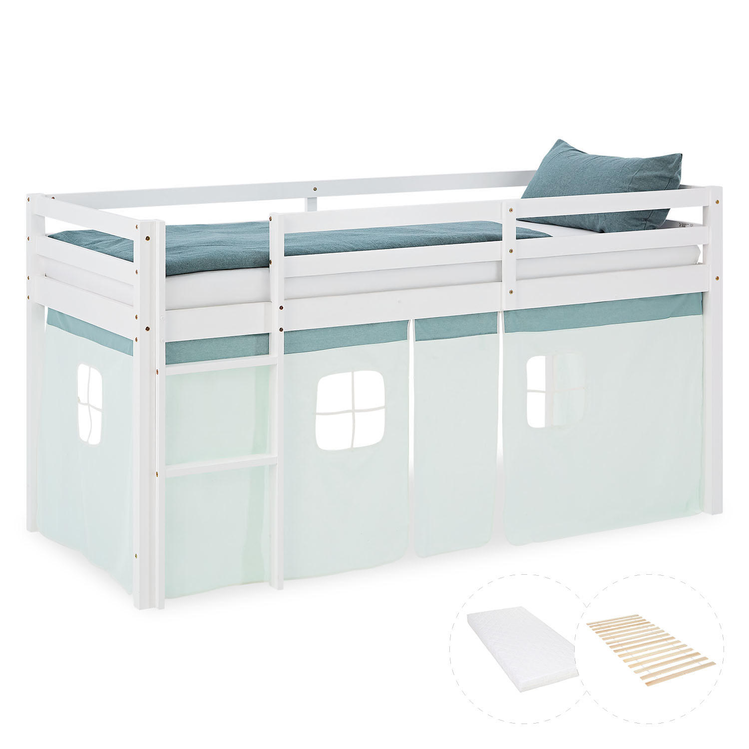 HOCHBETT 90/200 cm in weiß mit Matratze + Lattenrost + Bettvorhang Mint - Weiß/Mintgrün, Holz/Textil (90/200cm) - Homestyle4u