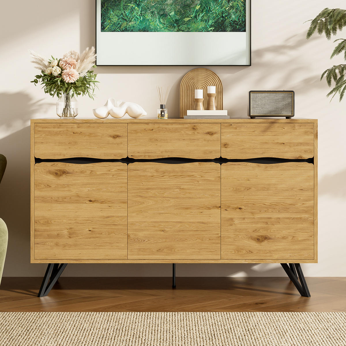 SIDEBOARD 140/40/75,5 cm mit 3 Türen in Holzoptik und schwarzen Metallbeinen - Naturfarben, Holzwerkstoff (40/75.5/140cm) - BEAOK