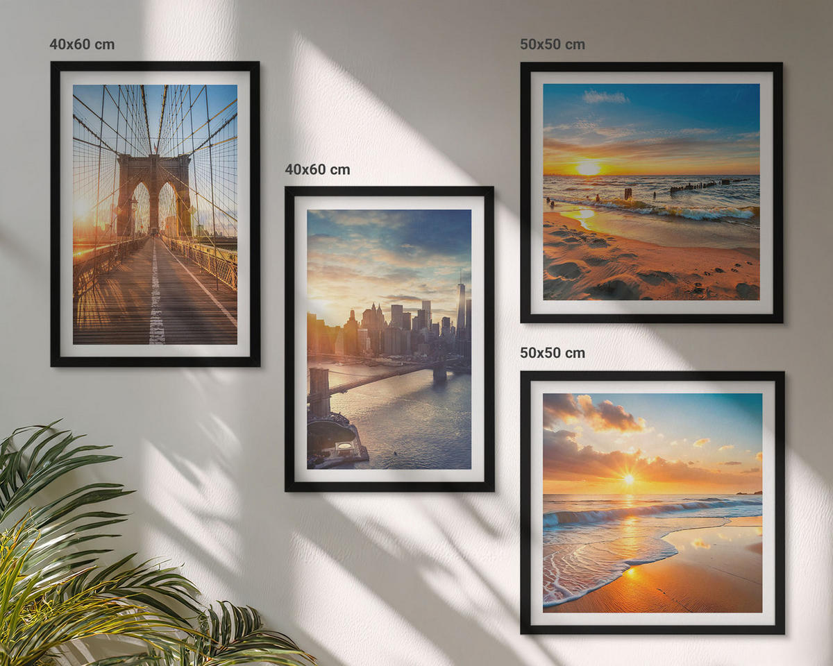 BILDER SET 4er Set - 50x50 cm & 40x60 cm Schwarzer Rahmen - Brücken, Sonnenuntergänge, Stadt - Schwarz, Kunststoff (50/50cm) - TULUP